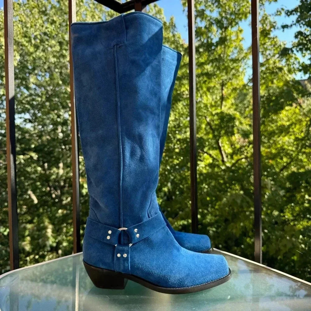 New Free People Suede Knee-High Moto Boots Lockhart Blue Womens Size 6